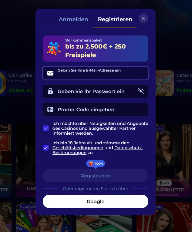 Registrierungsformular des Morospin Casino
