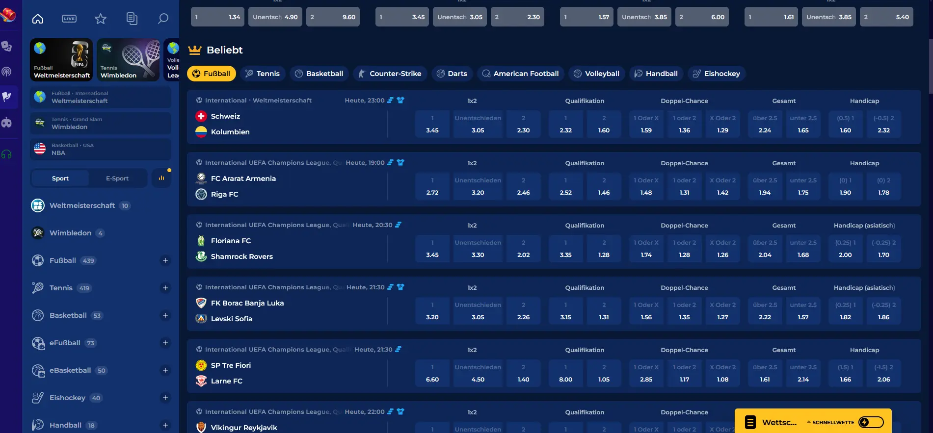 Sportwetten-Bereich im Morospin Casino mit Live-Märkten